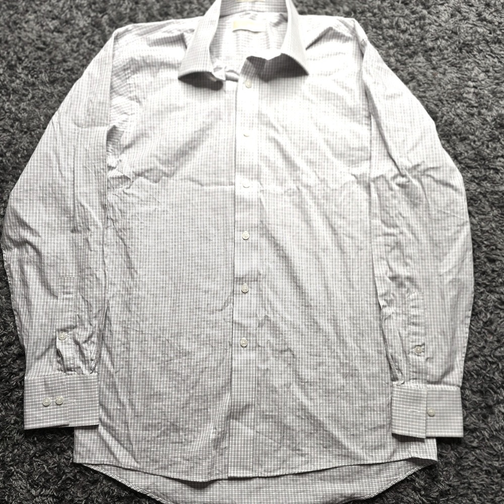 Michael Kors Mens Dress Shirt 15.5 34/35 Medium Grey White Micro Check Cotton